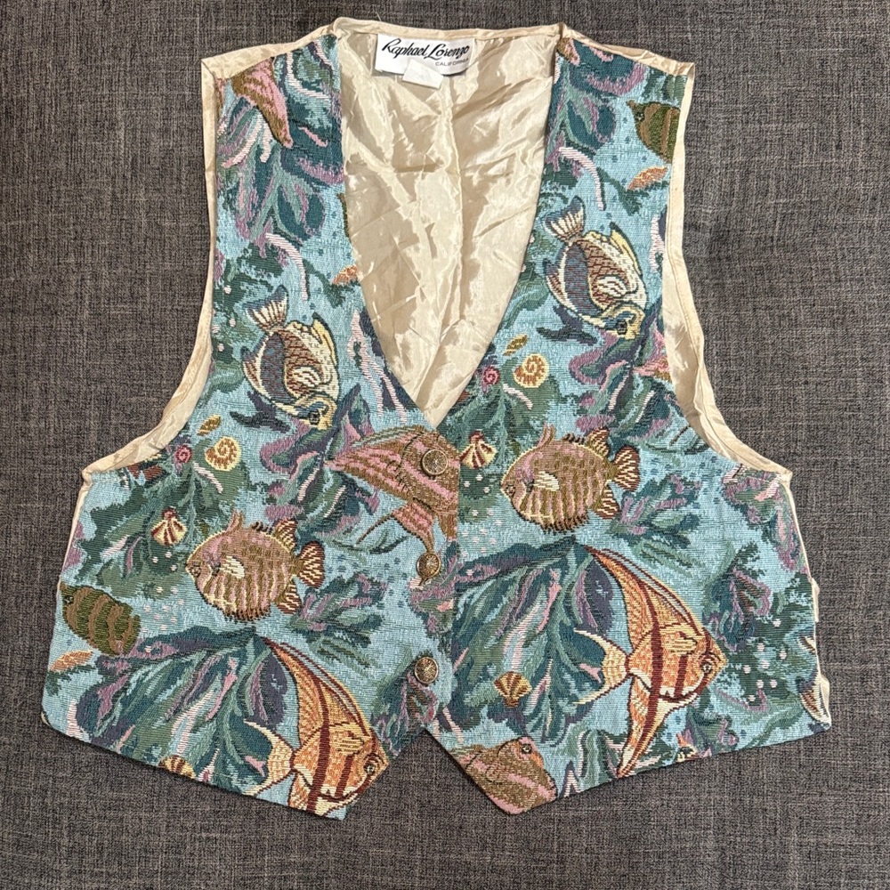 Vintage Raphael Lorenz California Tapestry Vest Made in USA Sea Life Fish Print